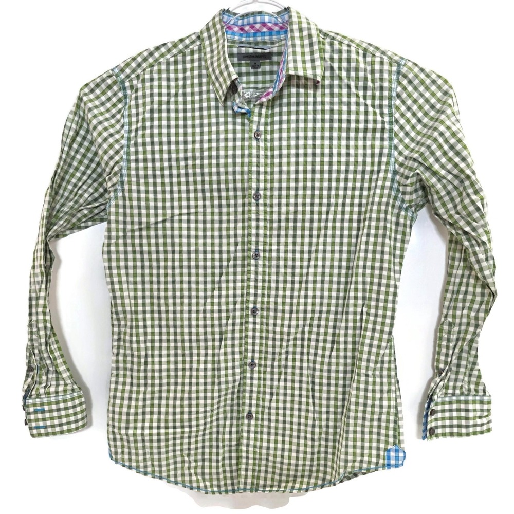 Johnston & Murphy Shirt Mens‎ Medium Green Gingham Slim Fit 100% Cotton